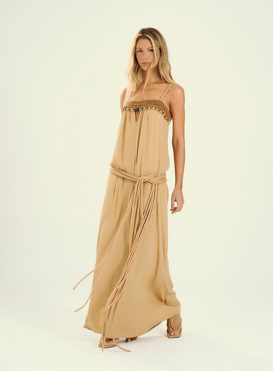 Vestido Feminino Longo Com Alças Finas Bege 4