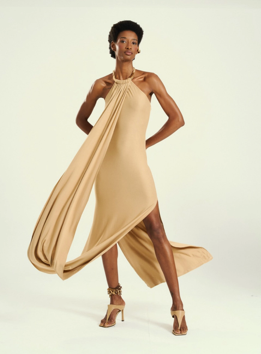 Vestido Feminino Longo Frente Única Bege 1