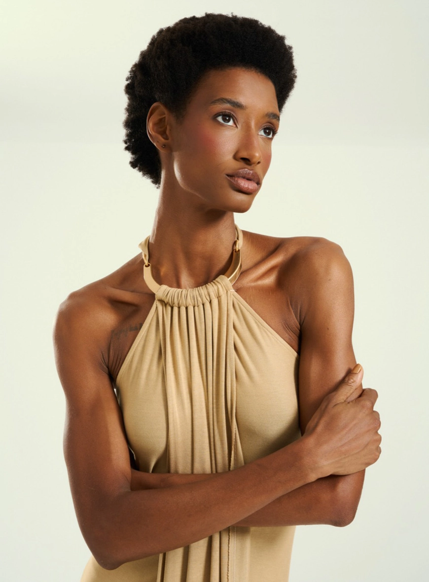 Vestido Feminino Longo Frente Única Bege 3