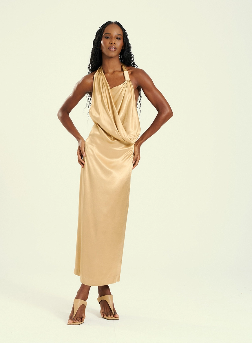 Vestido Feminino Longo Costas Abertas Bege 1