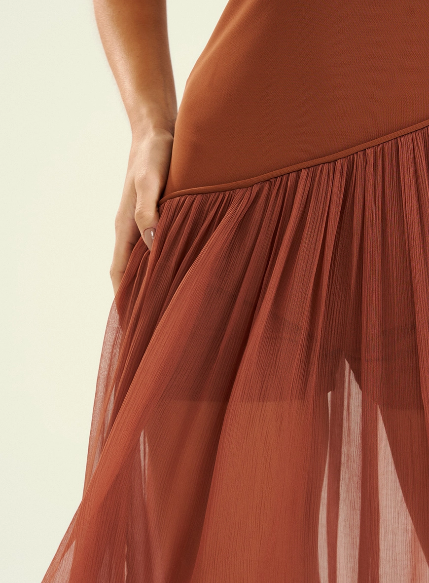 Vestido Feminino Longo Com Transparência Marrom 3