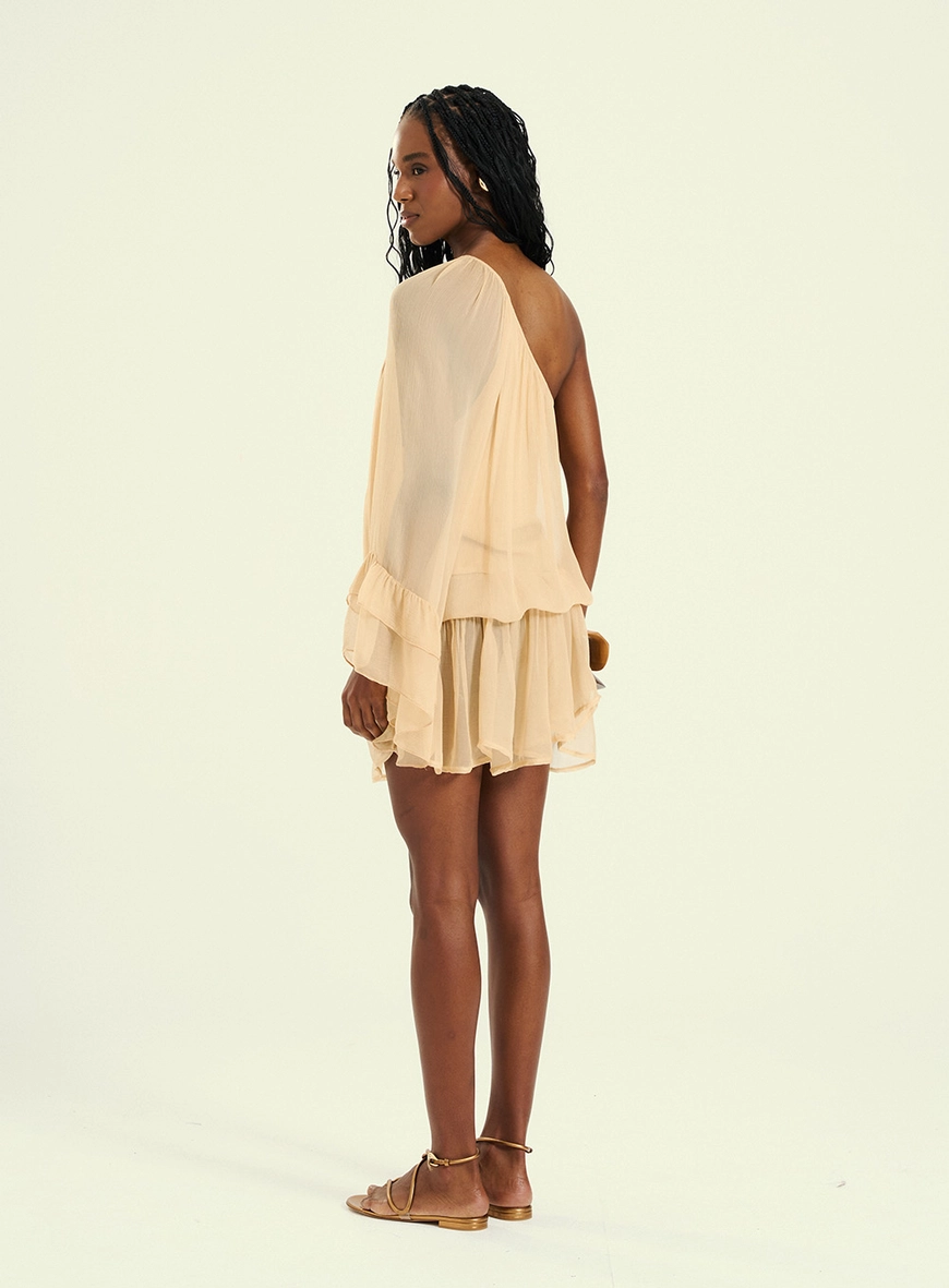 Vestido Feminino Curto Assimétrico Com Mangas Bege 2