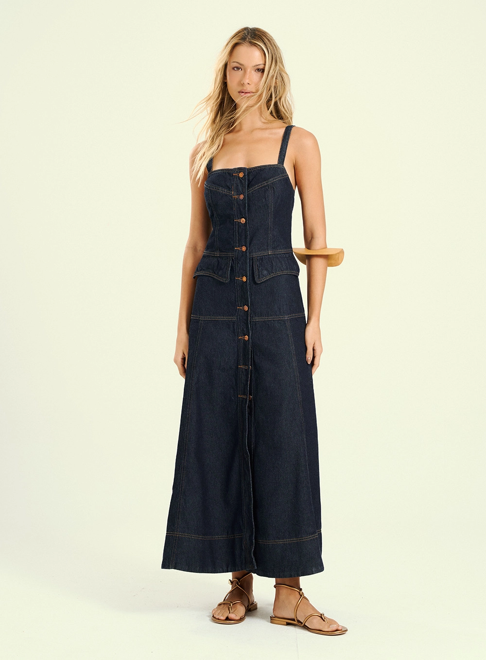 Vestido Feminino Longo Com Bolsos Índigo 1