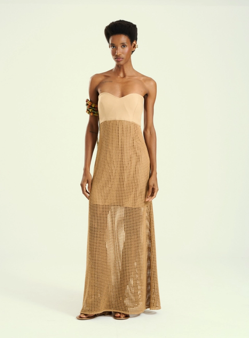 Vestido Feminino Longo Tomara Que Caia Com Trama Bege 4