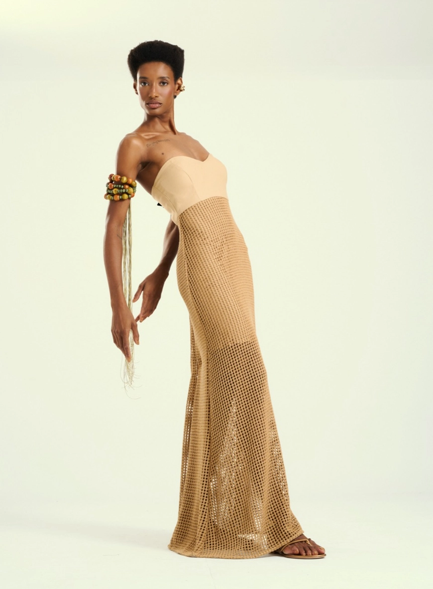 Vestido Feminino Longo Tomara Que Caia Com Trama Bege 5