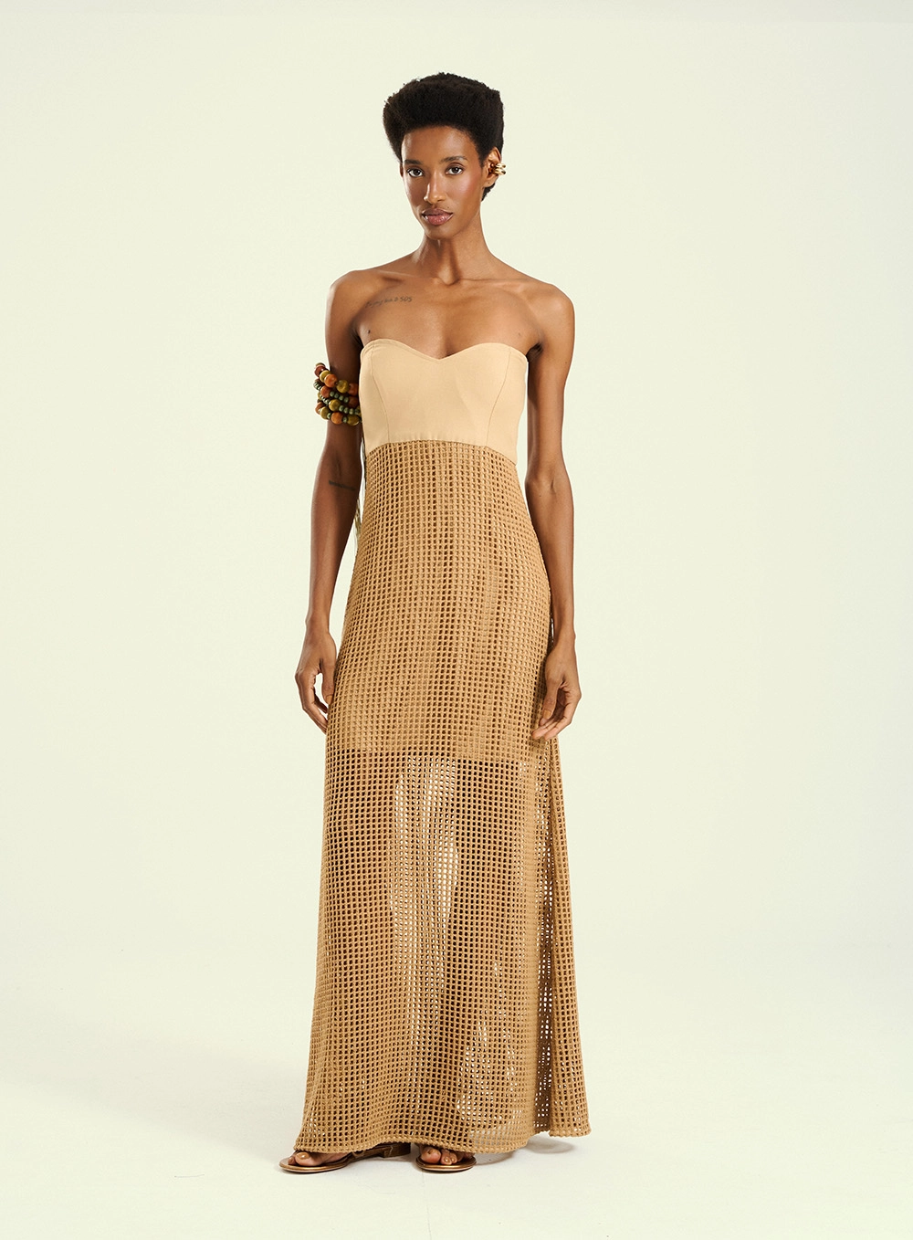 Vestido Feminino Longo Tomara Que Caia Com Trama Bege 1