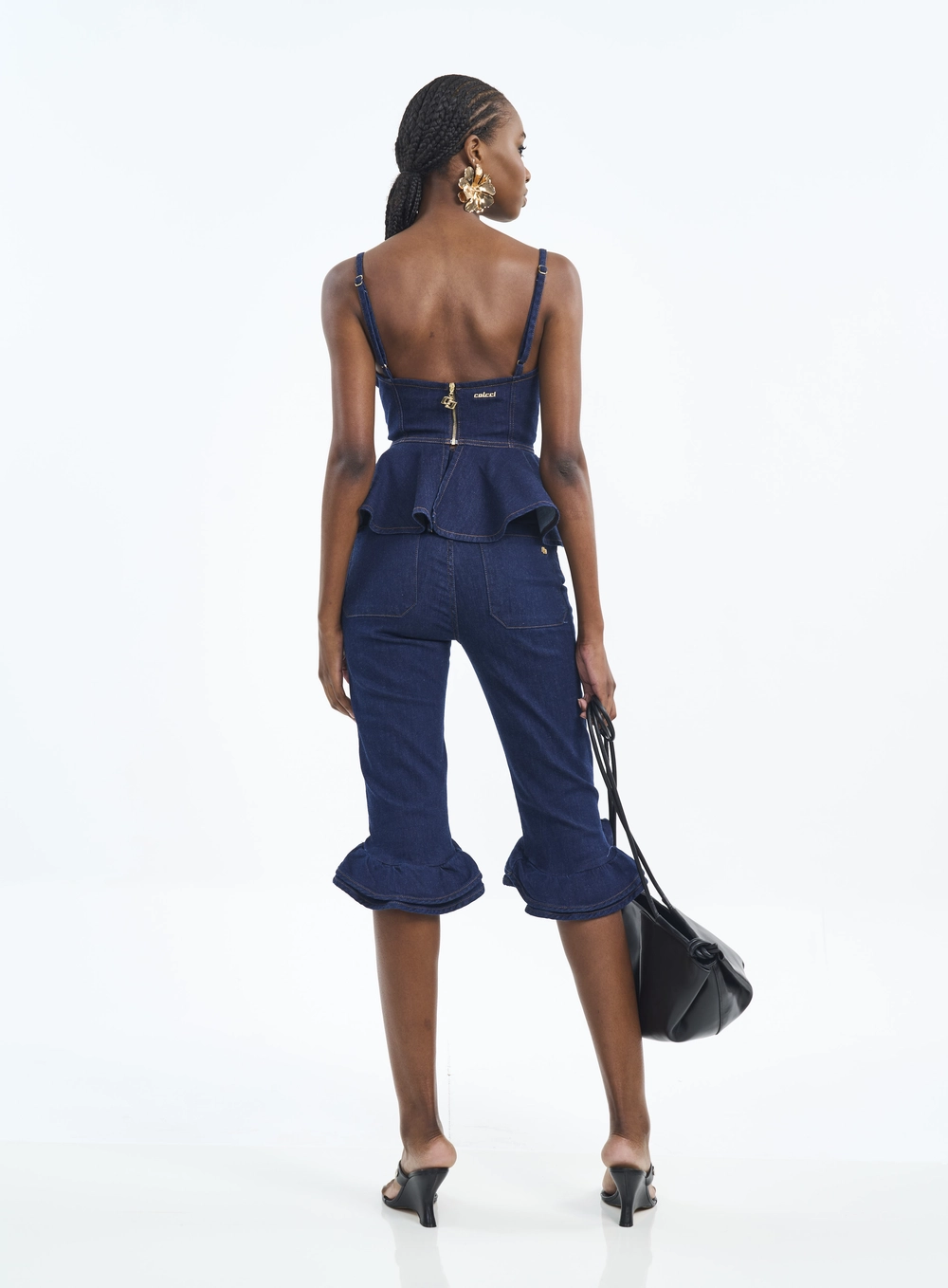 Calça Feminina Jeans Cropped Com Babados Índigo