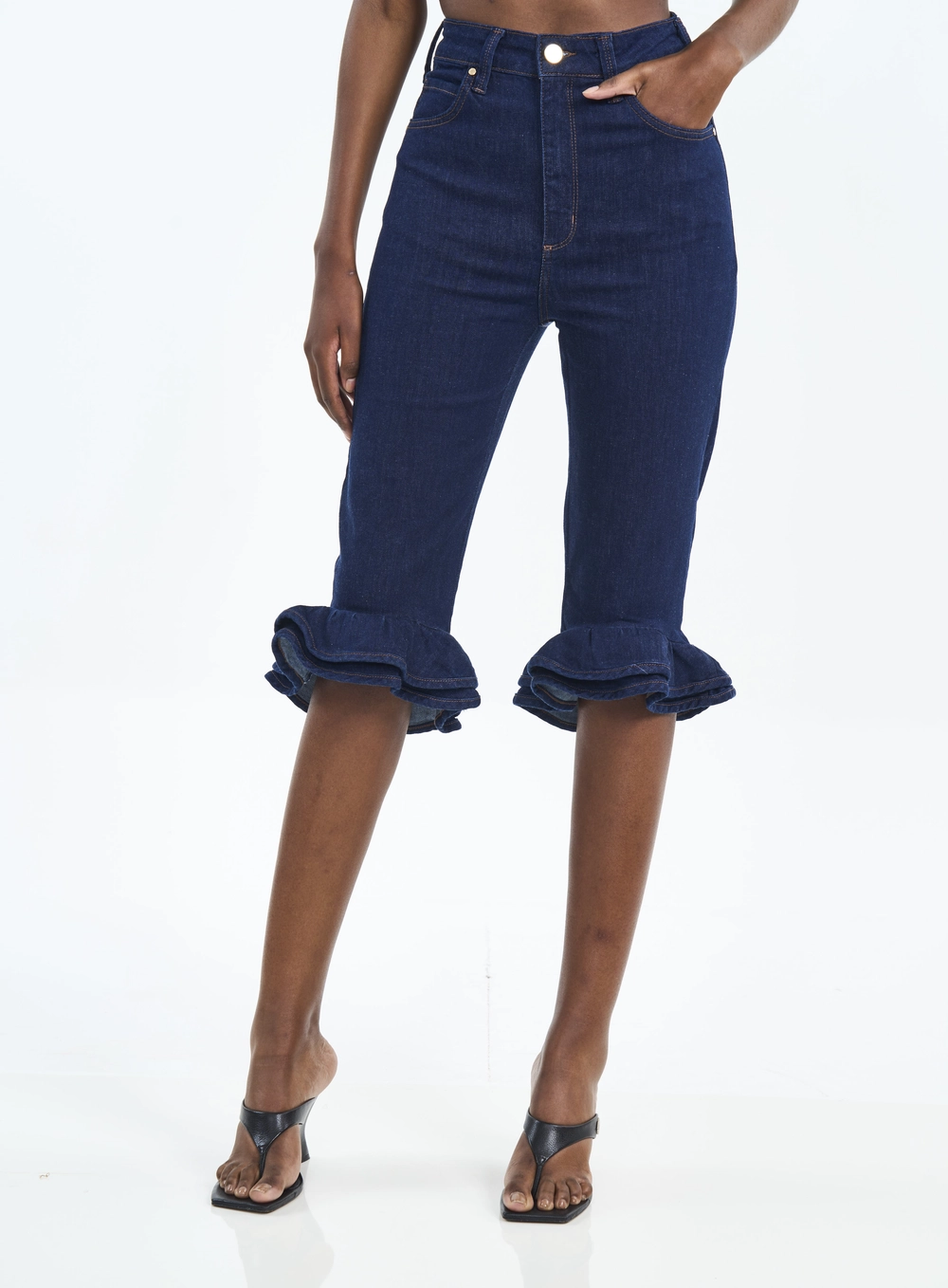 Calça Feminina Jeans Cropped Com Babados Índigo