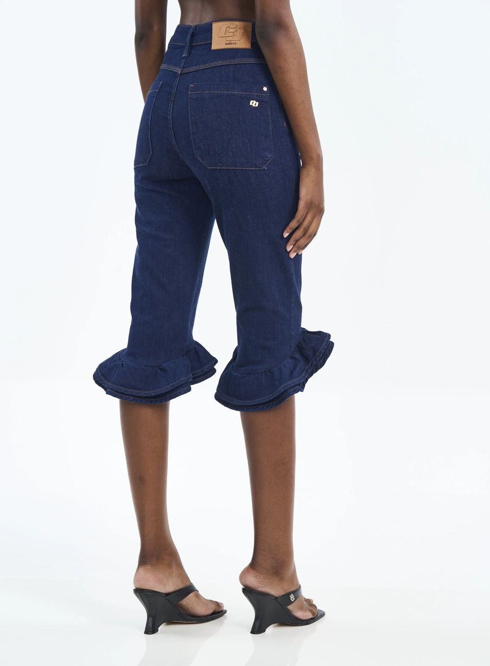Calça Feminina Jeans Cropped Com Babados Índigo