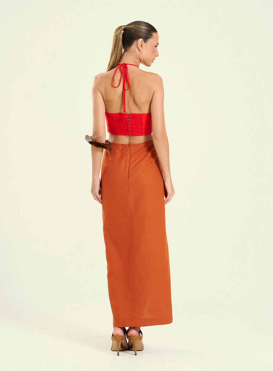 Vestido Feminino Longo Bicolor Com Amarração Marrom 2