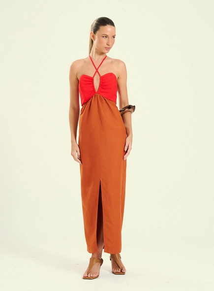Vestido Feminino Longo Bicolor Com Amarração