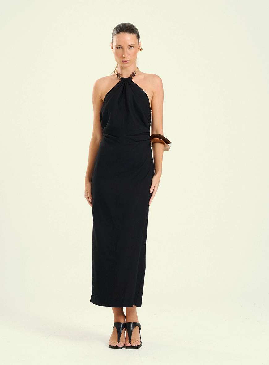 Vestido Feminino Midi Com Amarração Preto 1