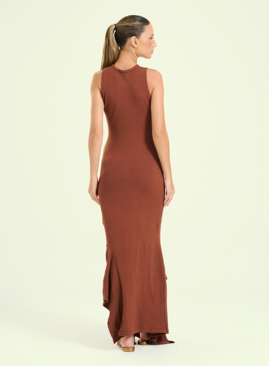 Vestido Feminino Midi Com Barra Assimétrica Marrom 3