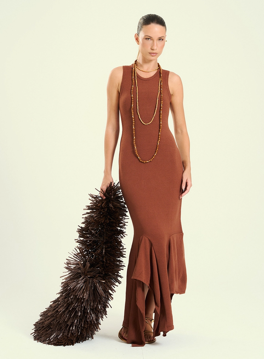 Vestido Feminino Midi Com Barra Assimétrica Marrom 4