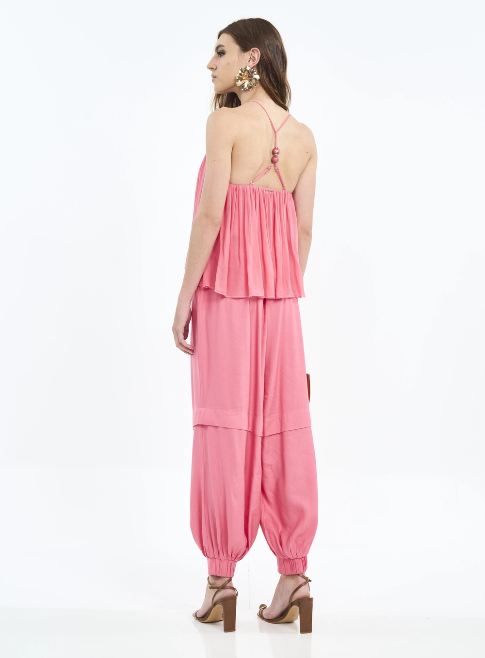Calça Feminina Com Camadas E Franzido Rosa