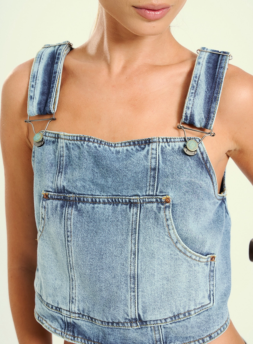 Top Feminino Jeans Com Bolsos Índigo 3