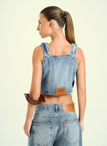 Top Feminino Jeans Com Bolsos