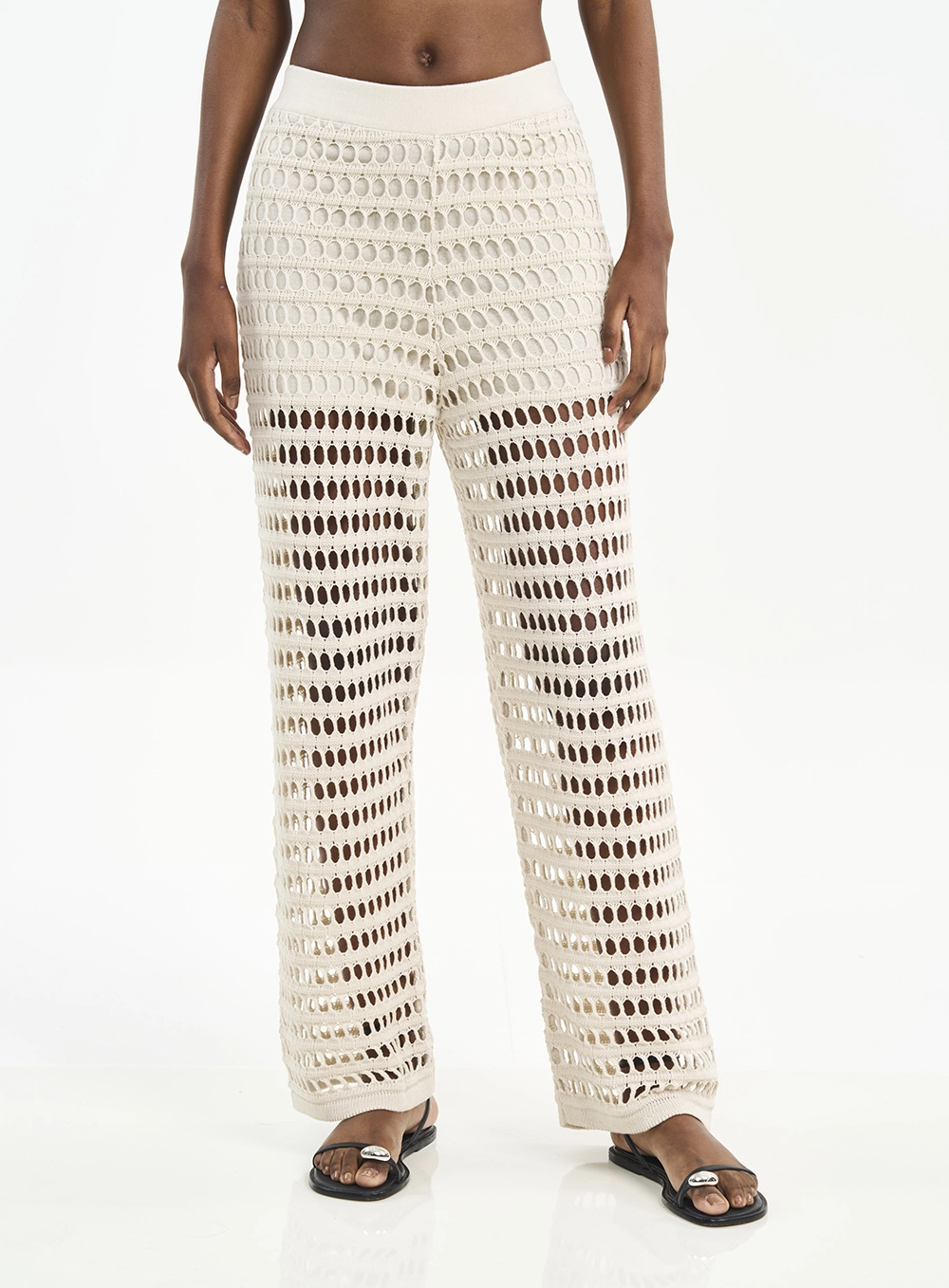 Calça Feminina Pantalona Com Trama Vazada Bege