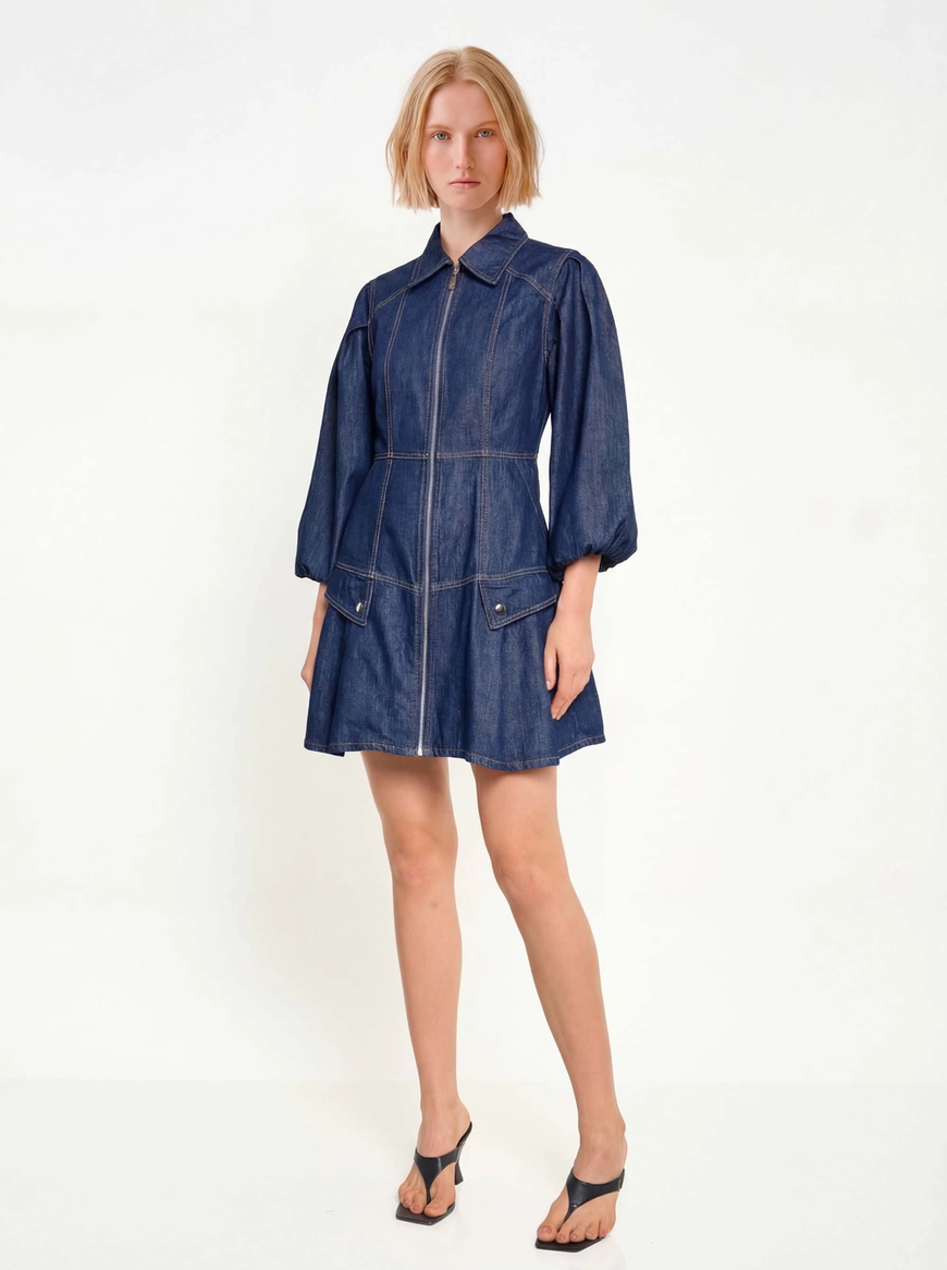 Vestido Jeans Curto Manga Bufante Índigo 1