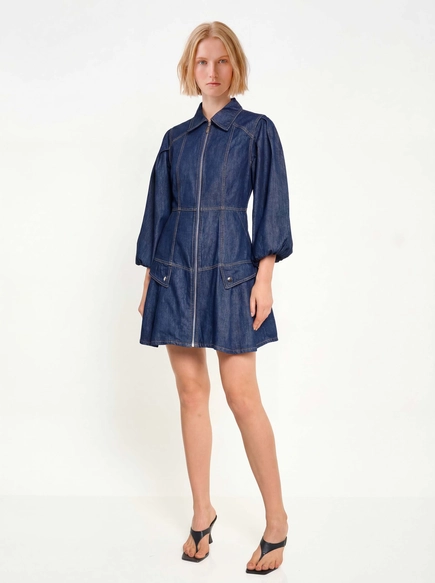 Vestido Jeans Curto Manga Bufante
