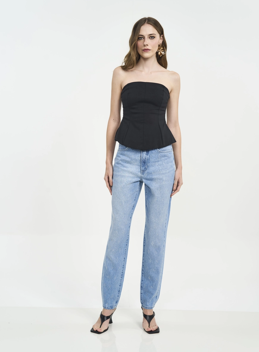 Calça Feminina Jeans Reta Com Cristais E Cintura