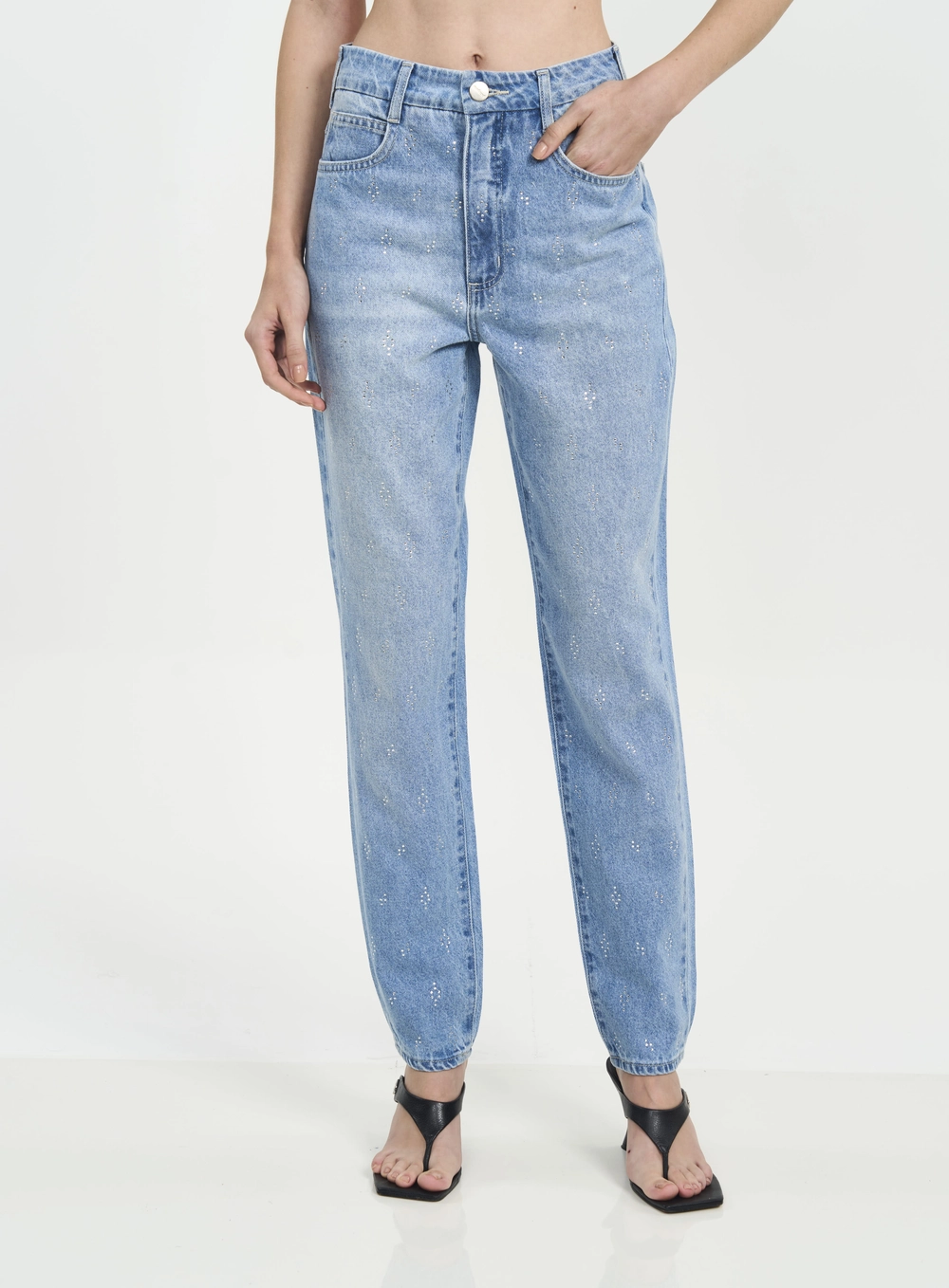 Calça Feminina Jeans Reta Com Cristais E Cintura Índigo