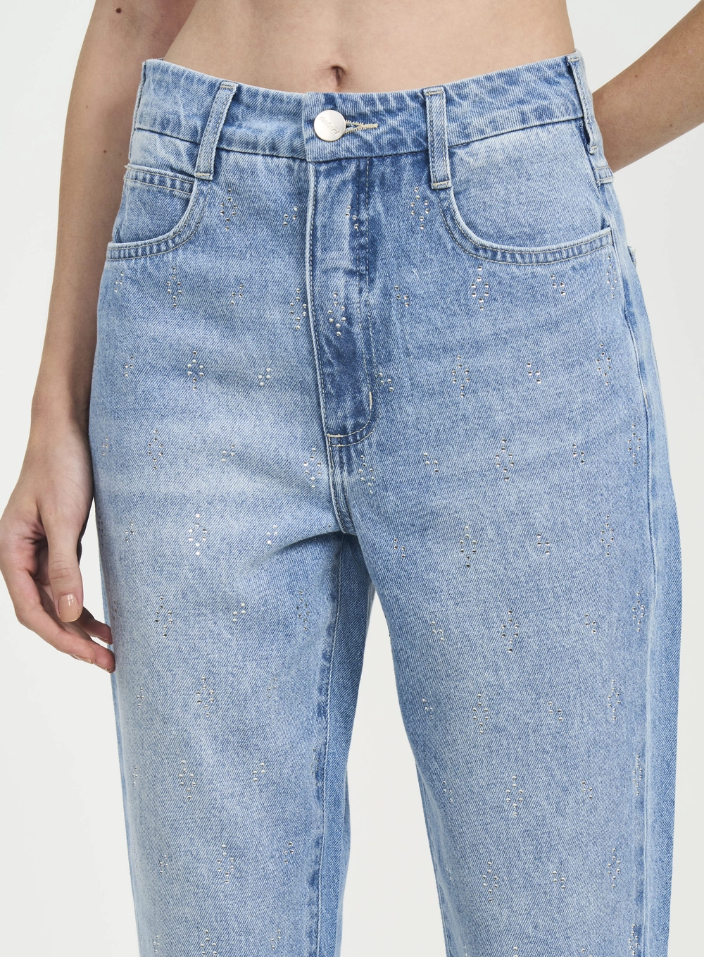 Calça Feminina Jeans Reta Com Cristais E Cintura Índigo