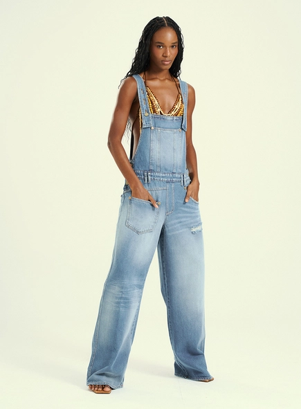 Jardineira Feminino Longo Jeans Com Bolsos