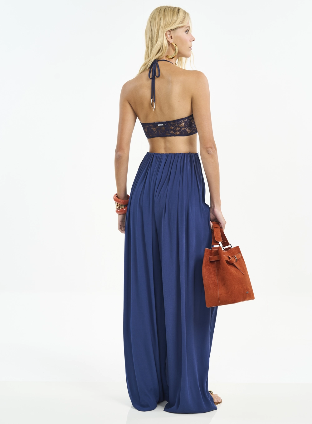 Calça Feminina Pantalona Com Franzidos Azul