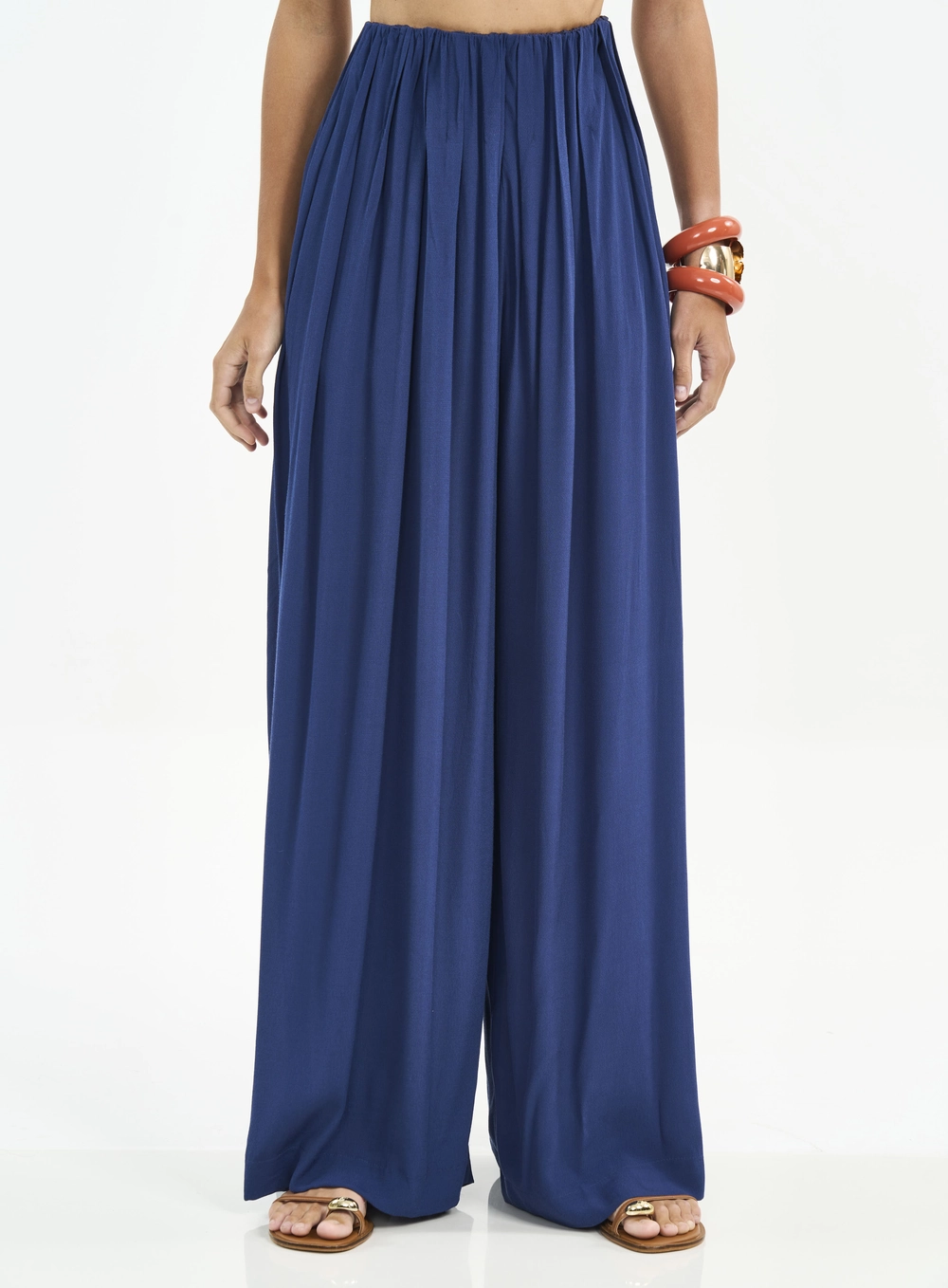 Calça Feminina Pantalona Com Franzidos Azul