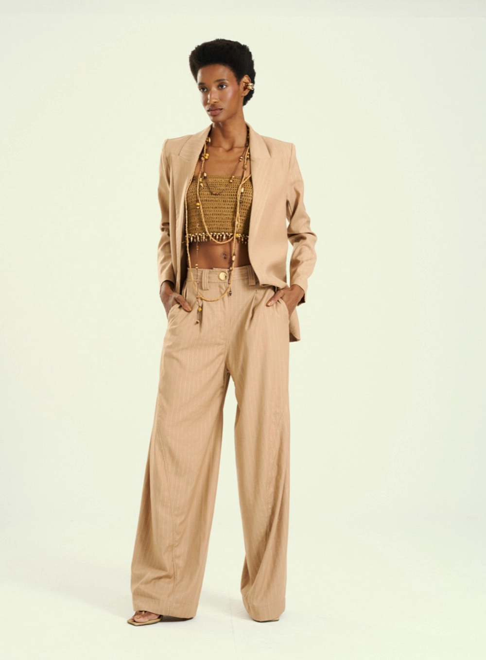 Blazer Feminino Alfaiataria Estampado Bege 4
