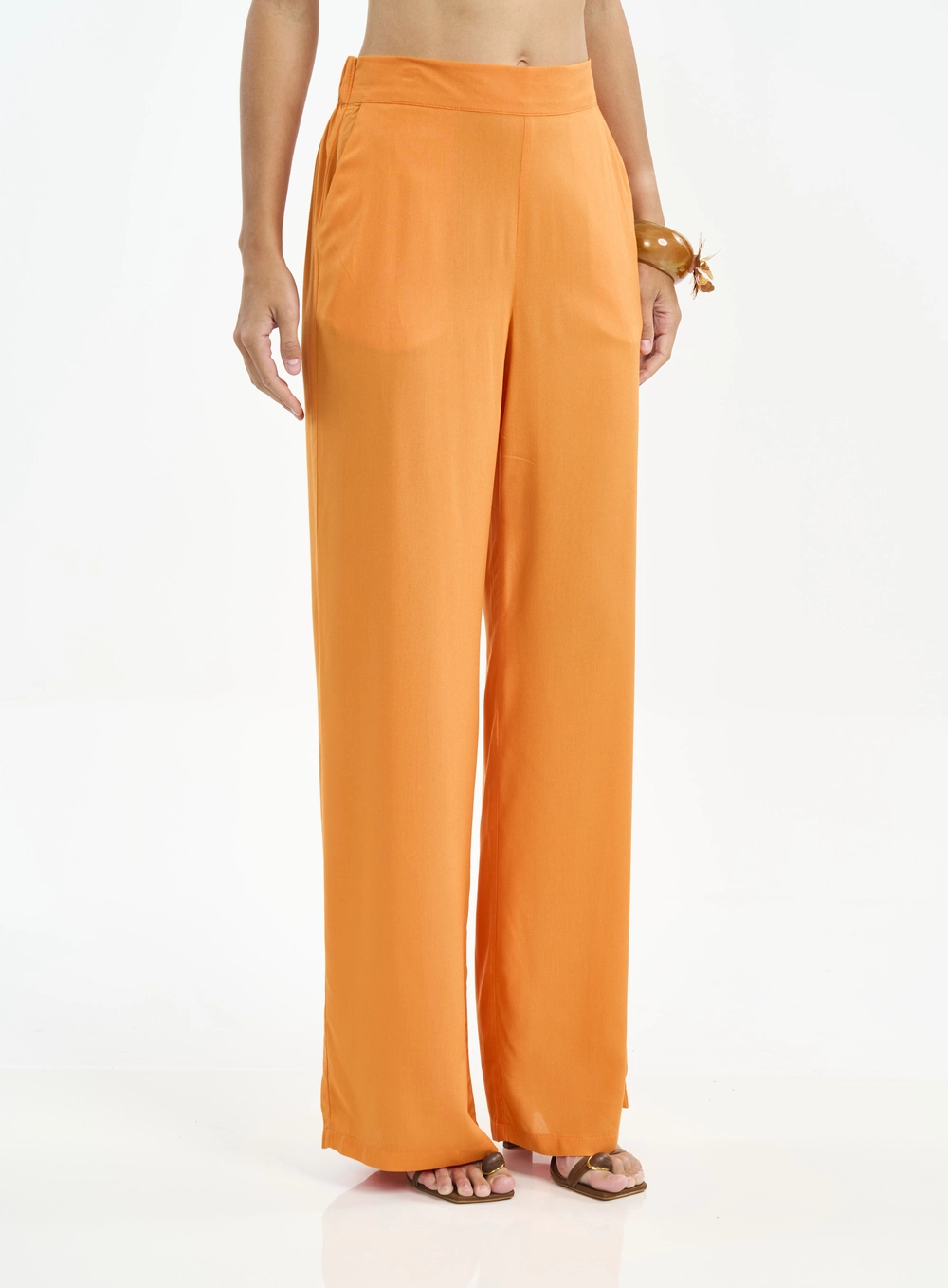 Calça Feminina Pantalona De Cintura Alta Laranja