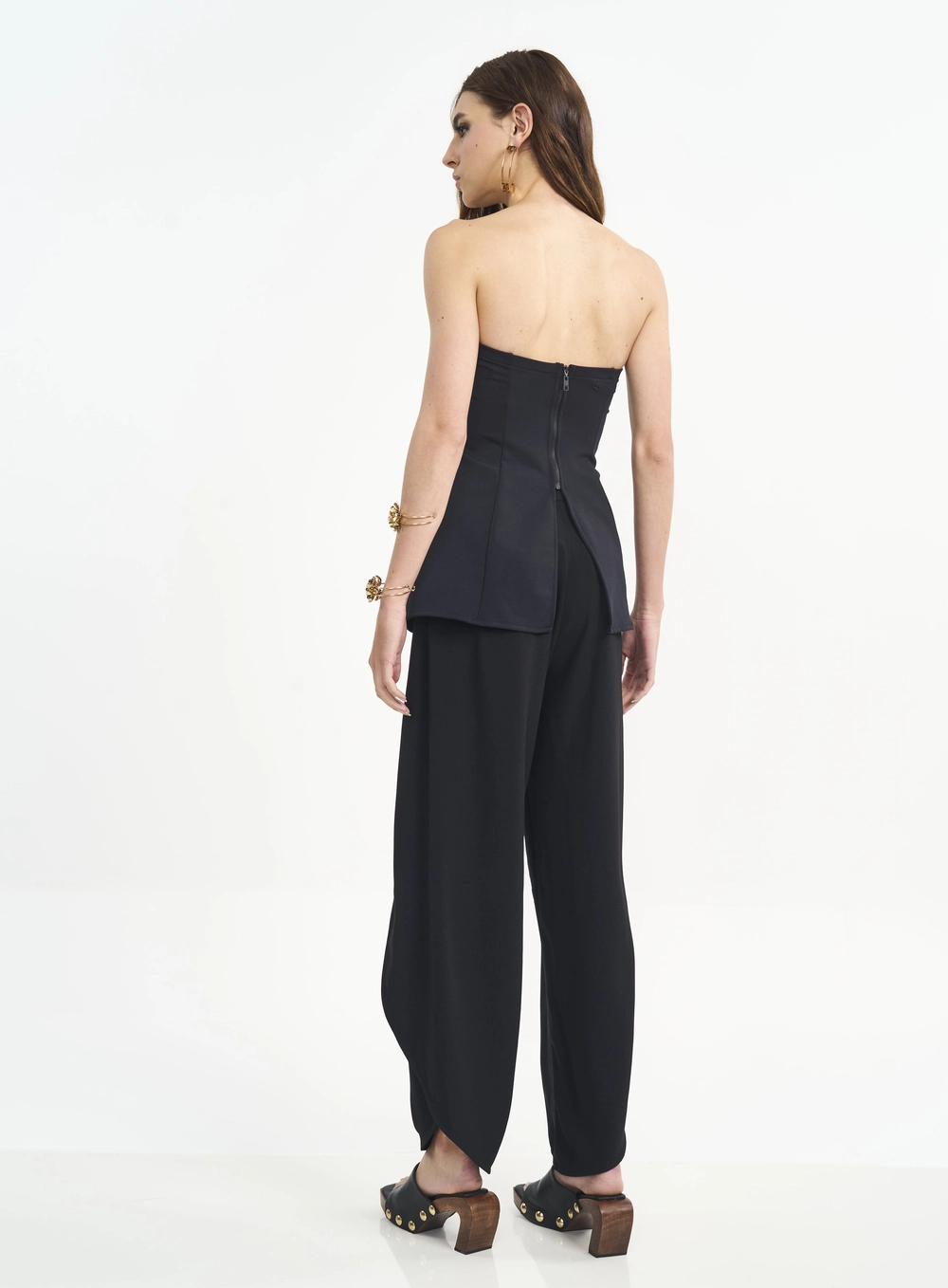 Calça Feminina Com Sobreposição E Fendas Preto