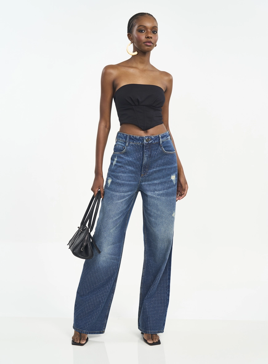 Calça Feminina Wide Leg Jeans Com Strass