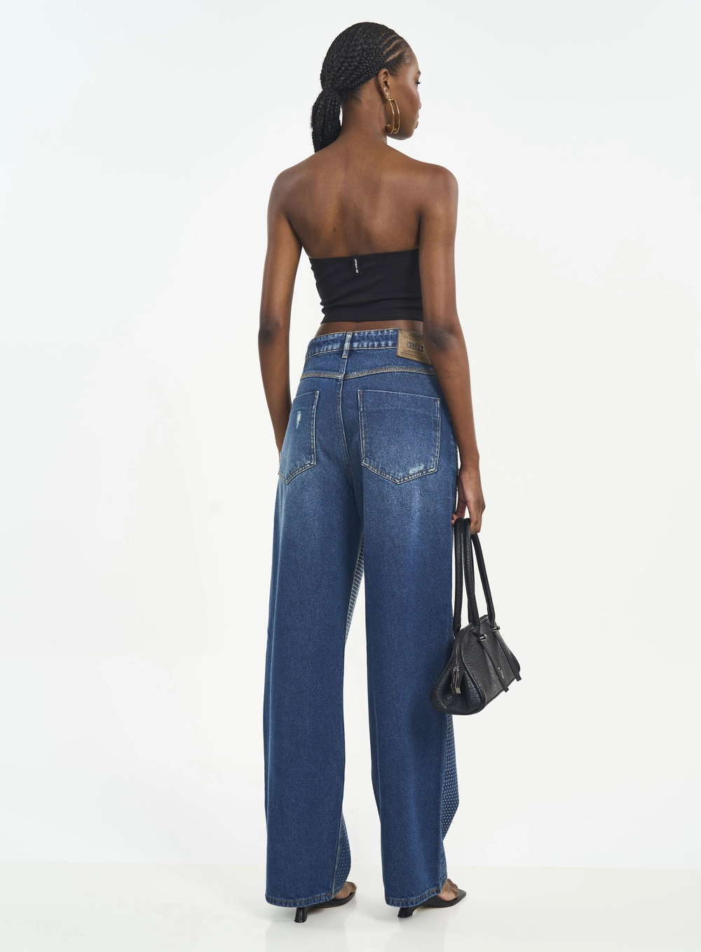Calça Feminina Wide Leg Jeans Com Strass Índigo