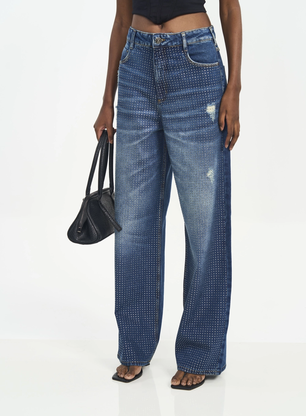 Calça Feminina Wide Leg Jeans Com Strass Índigo