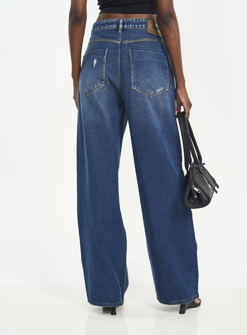 Calça Feminina Wide Leg Jeans Com Strass Índigo