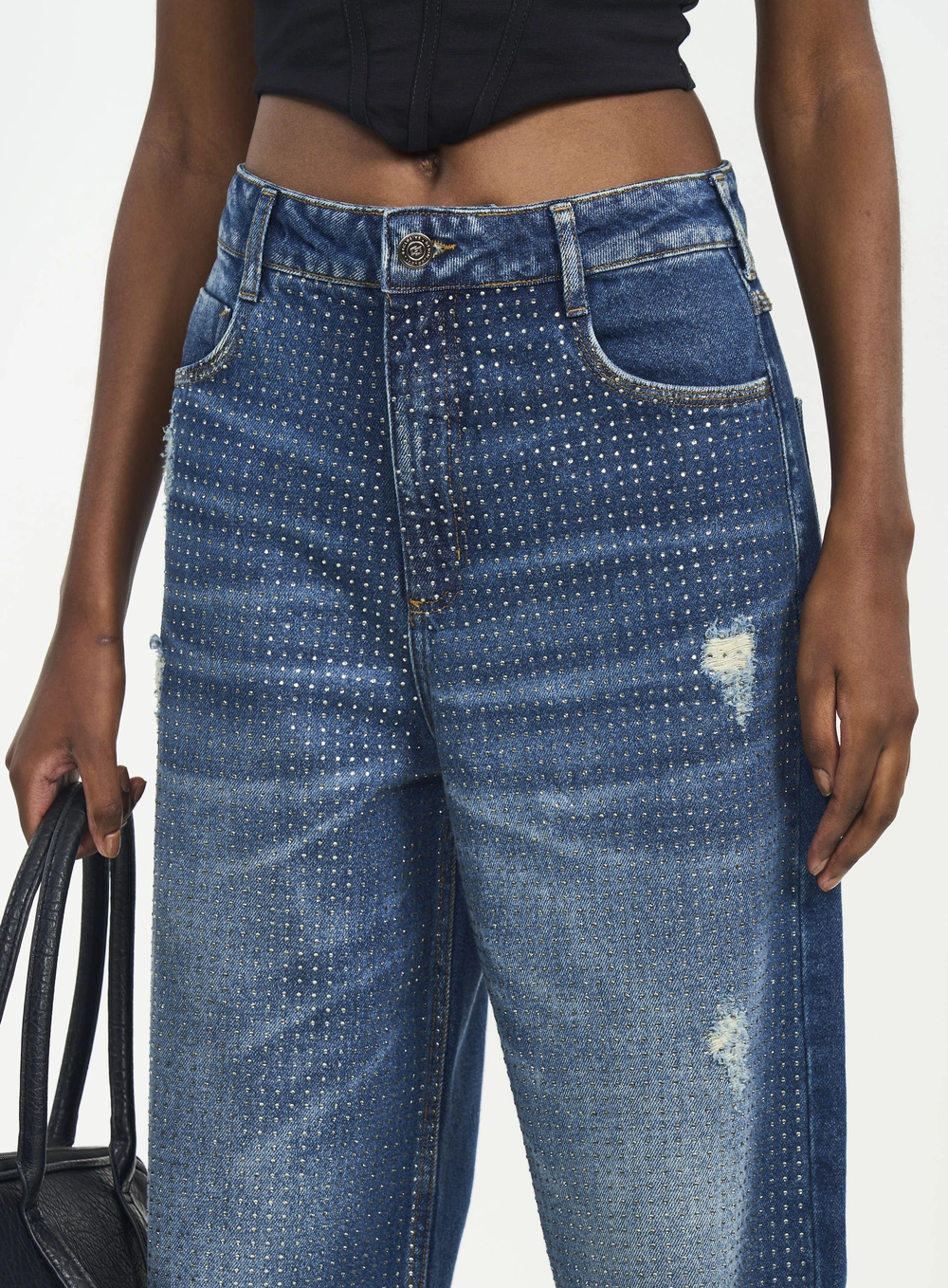 Calça Feminina Wide Leg Jeans Com Strass Índigo