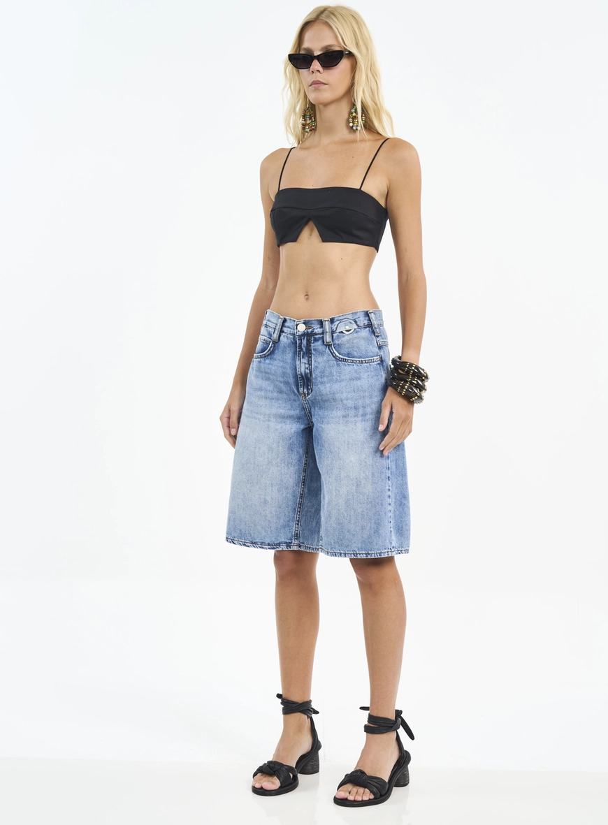 Bermuda Jeans Wide Leg Com Bolsos