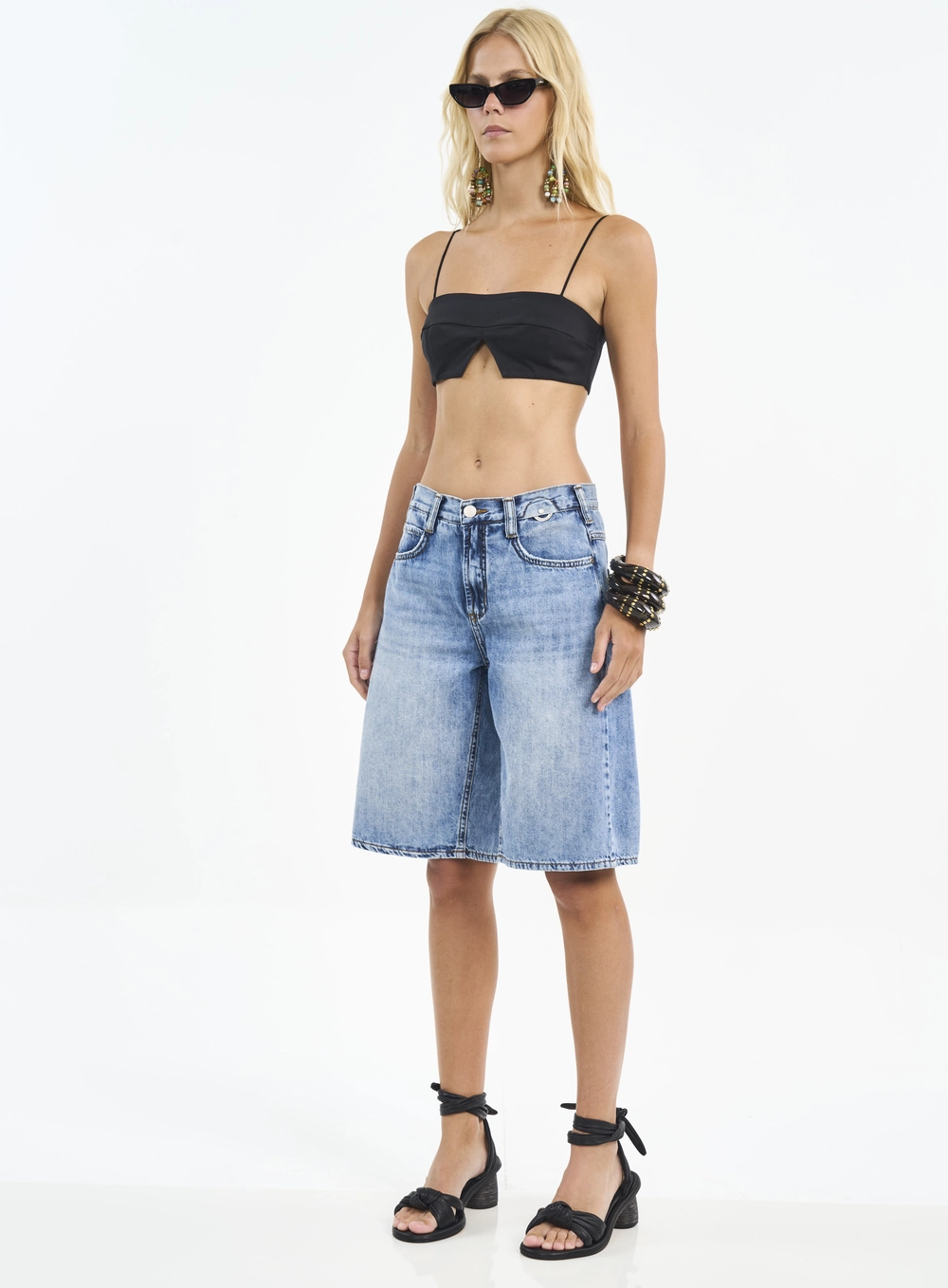 Bermuda Jeans Wide Leg Com Bolsos Índigo