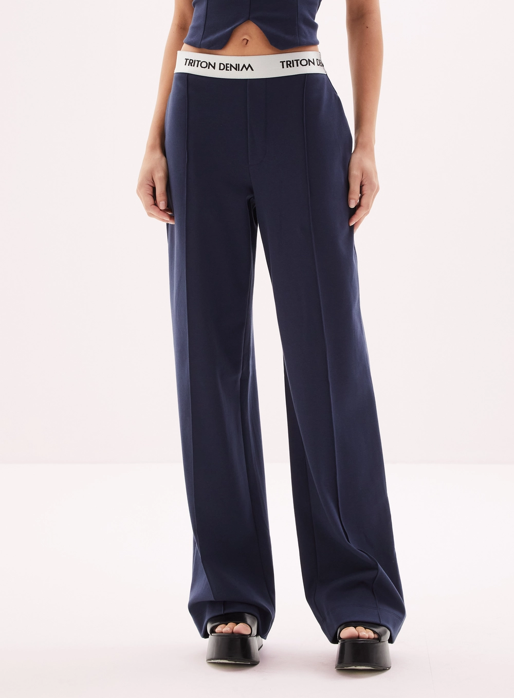 Calça Feminina Wide Leg Com Cós De Elástico Azul 3