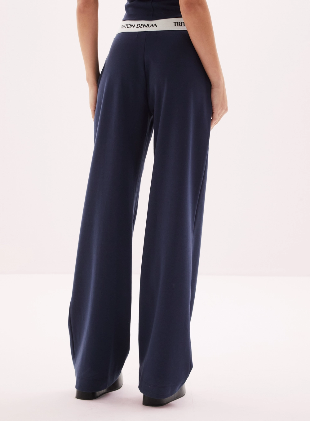 Calça Feminina Wide Leg Com Cós De Elástico Azul 5