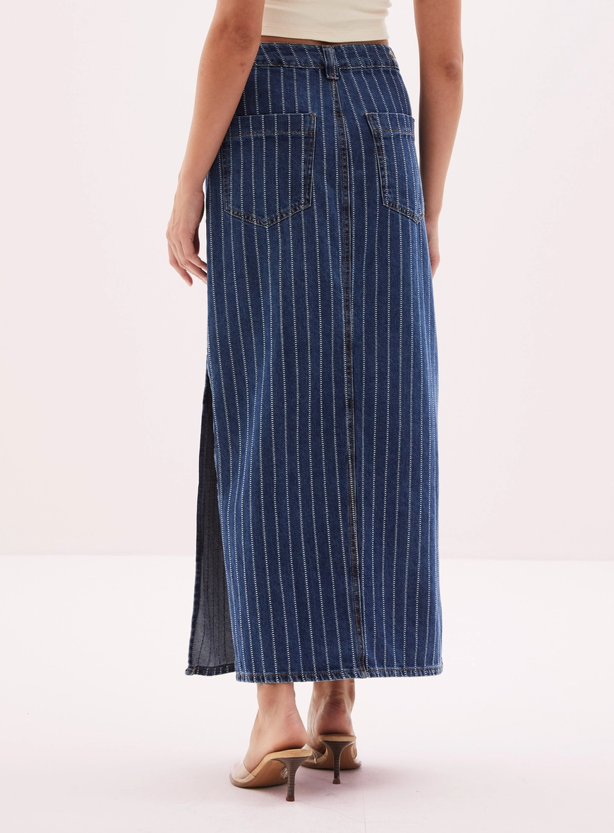 Saia Longa Jeans Feminina Com Fenda Lateral Azul 4
