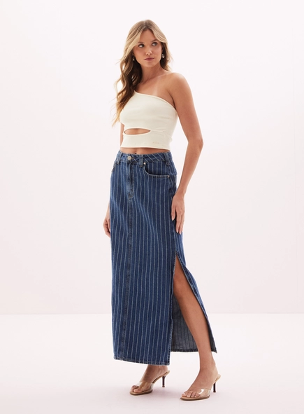 Saia Longa Jeans Feminina Com Fenda Lateral