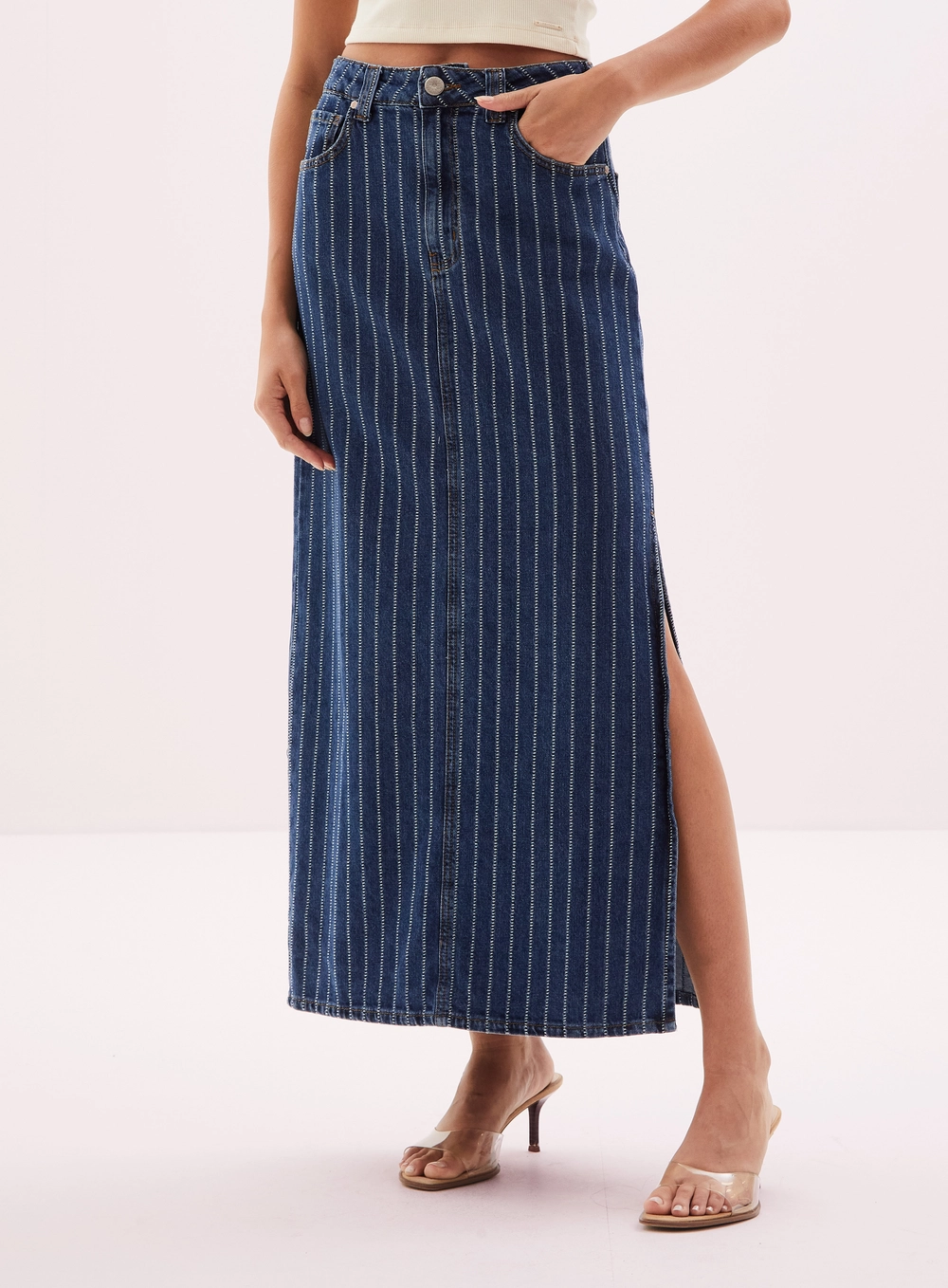 Saia Longa Jeans Feminina Com Fenda Lateral Azul 2