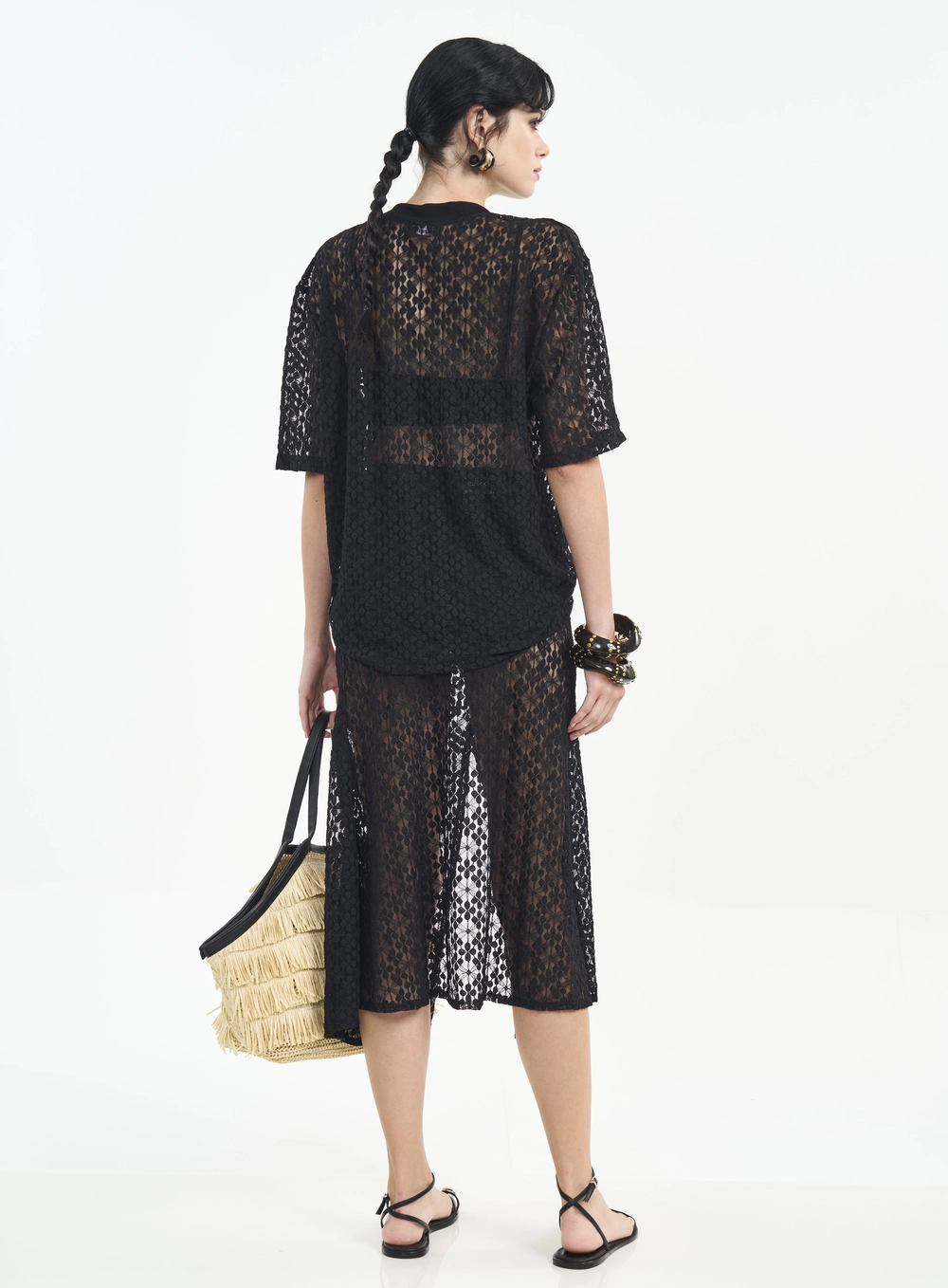 Saia Midi De Renda Com Fenda Frontal - Jade Preto