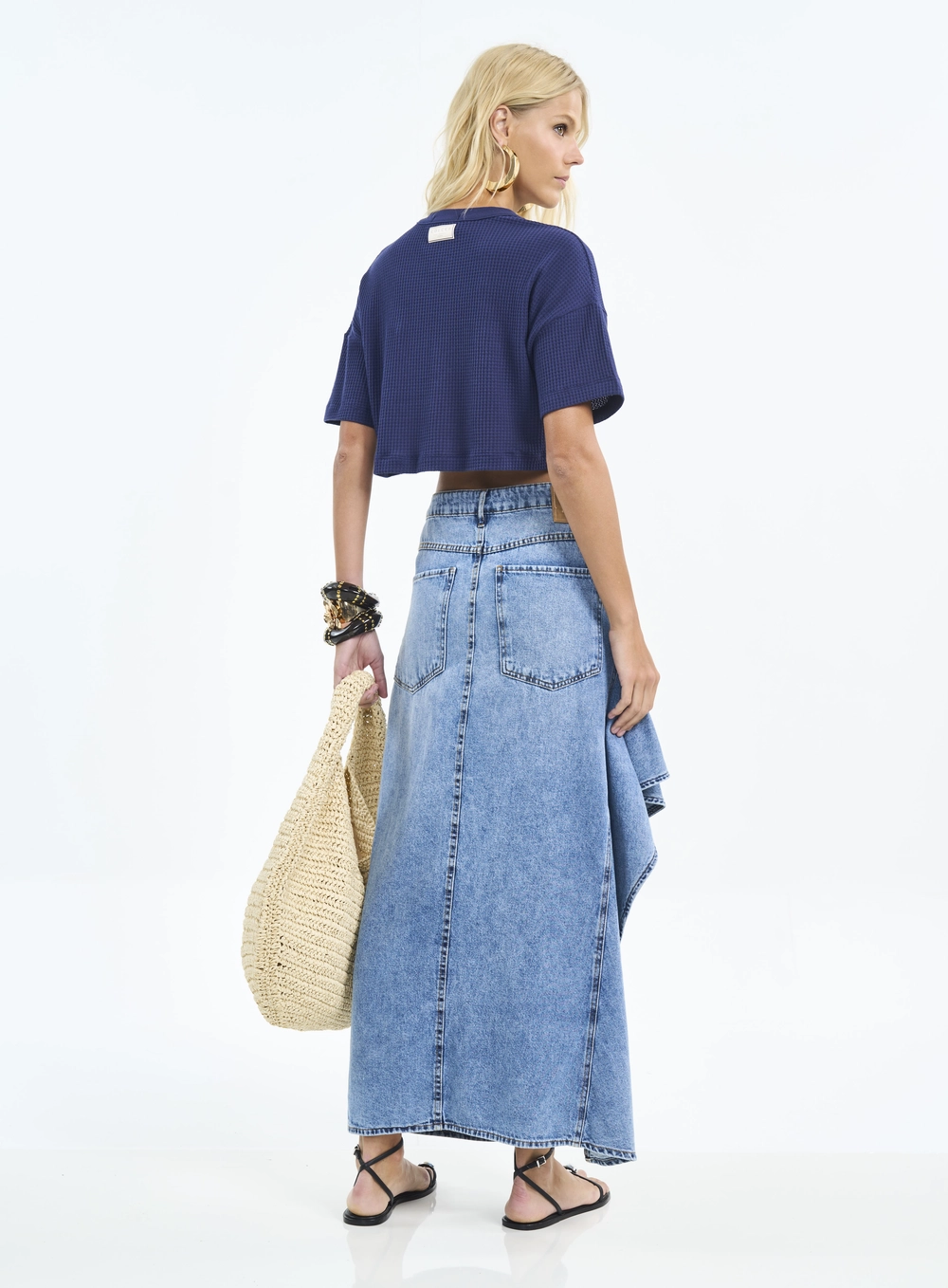 Saia Jeans Longa Assimétrica Com Babado Índigo