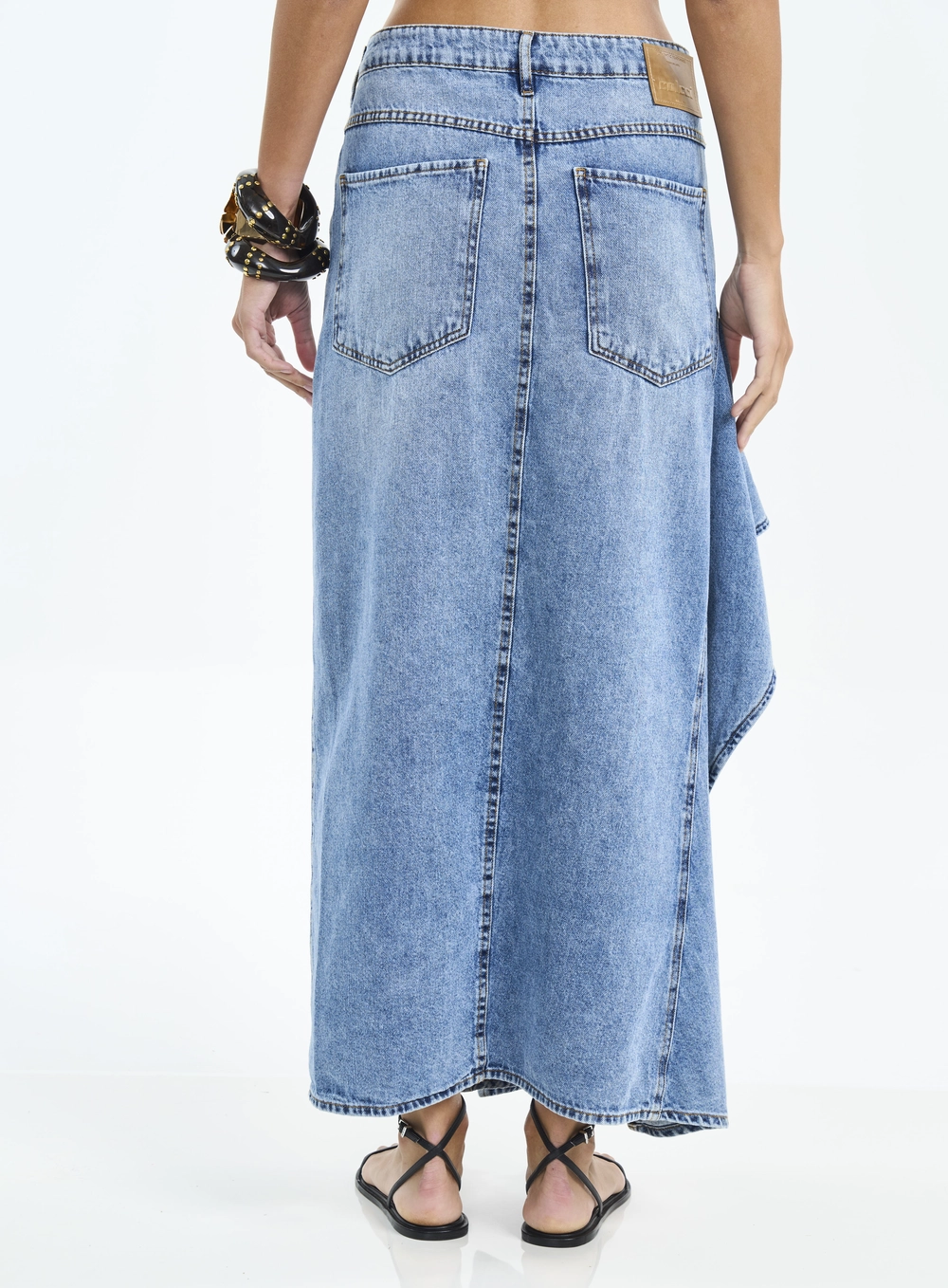 Saia Jeans Longa Assimétrica Com Babado Índigo