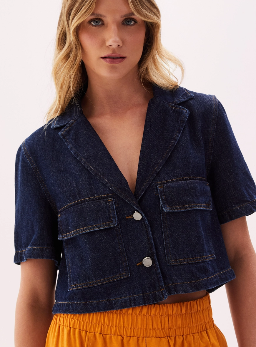Camisa Cropped Feminina Jeans Decote V Índigo 3