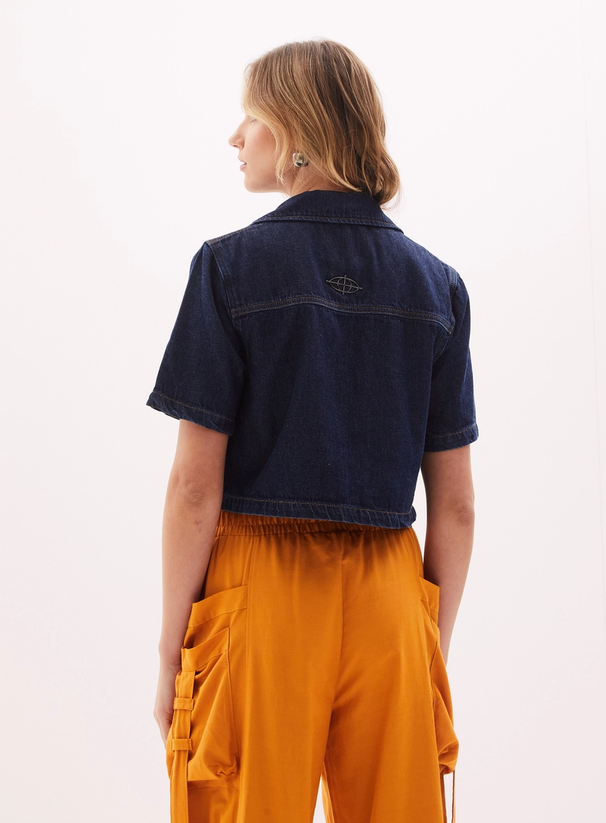 Camisa Cropped Feminina Jeans Decote V Índigo 2